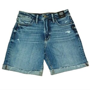 Silver Jeans Sure Thing Long Shorts Sz 25 High Rise Distressed Denim Cuffed Nwt